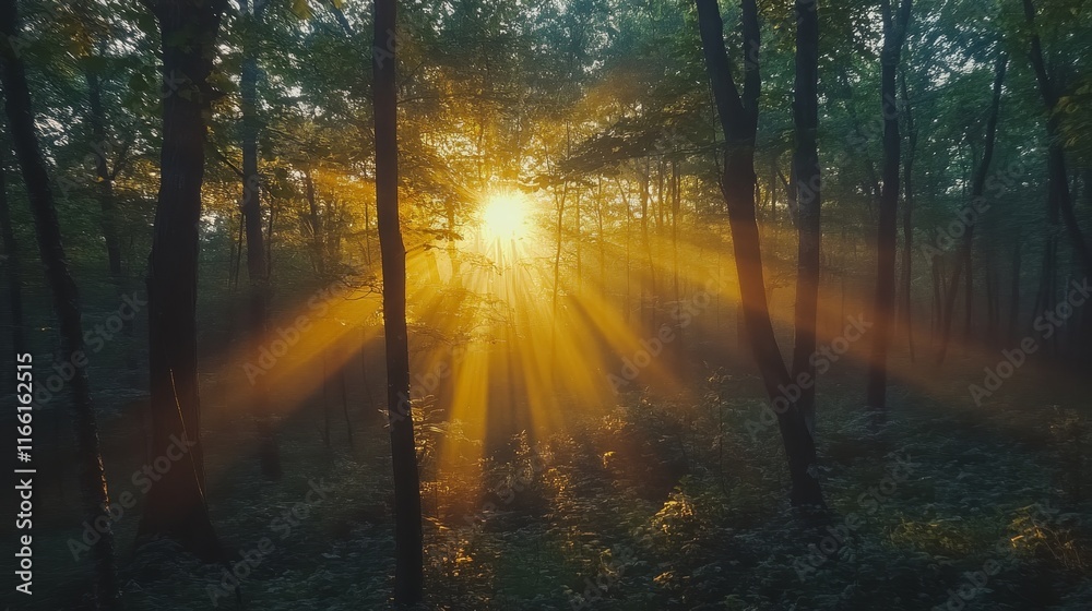 Obraz premium Sunlight Beams Streaming Through a Dense Forest at Dawn, Illuminating the Serenity of Nature's Early Morning Wonders