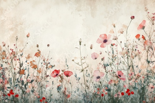 Watercolor painting of delicate pink and red wildflowers