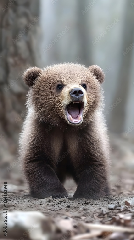 Obraz premium A grizzly bear roaring in the forest