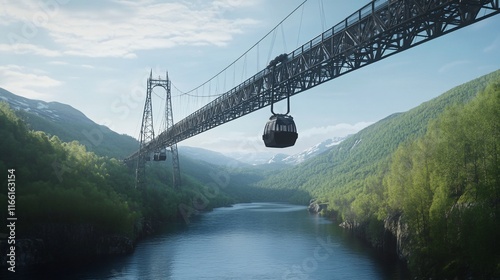 A scenic view of a cable car bridge spanning a river surrounded by lush green mountains. photo