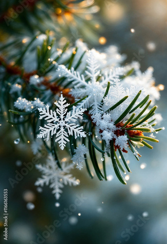 Magnified snowflakes with snowy fir tree background photo