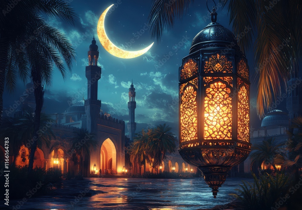 Fototapeta premium Mystical Night Scene with Crescent Moon and Lanterns Beside Palm Trees Near Majestic Architecture in a Serene Setting