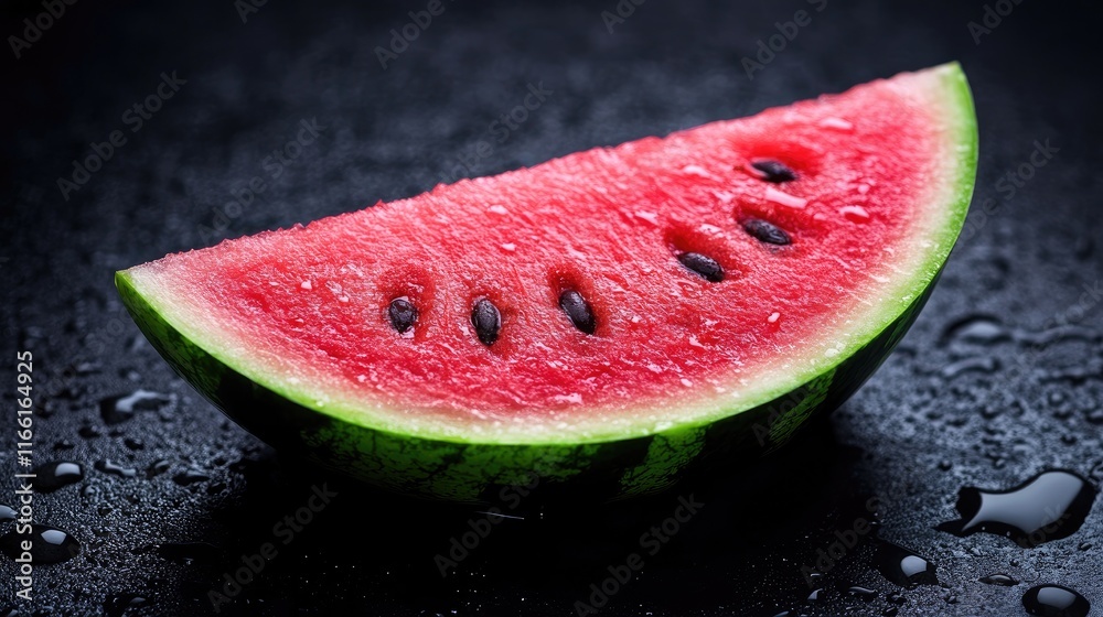 A juicy watermelon slice rests on a dark background A juicy watermelon slice rests on a dark background