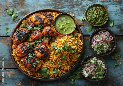 Savory Grilled Chicken with Fragrant Basmati Rice and Vibrant Side Dishes on Rustic Wooden Table photo