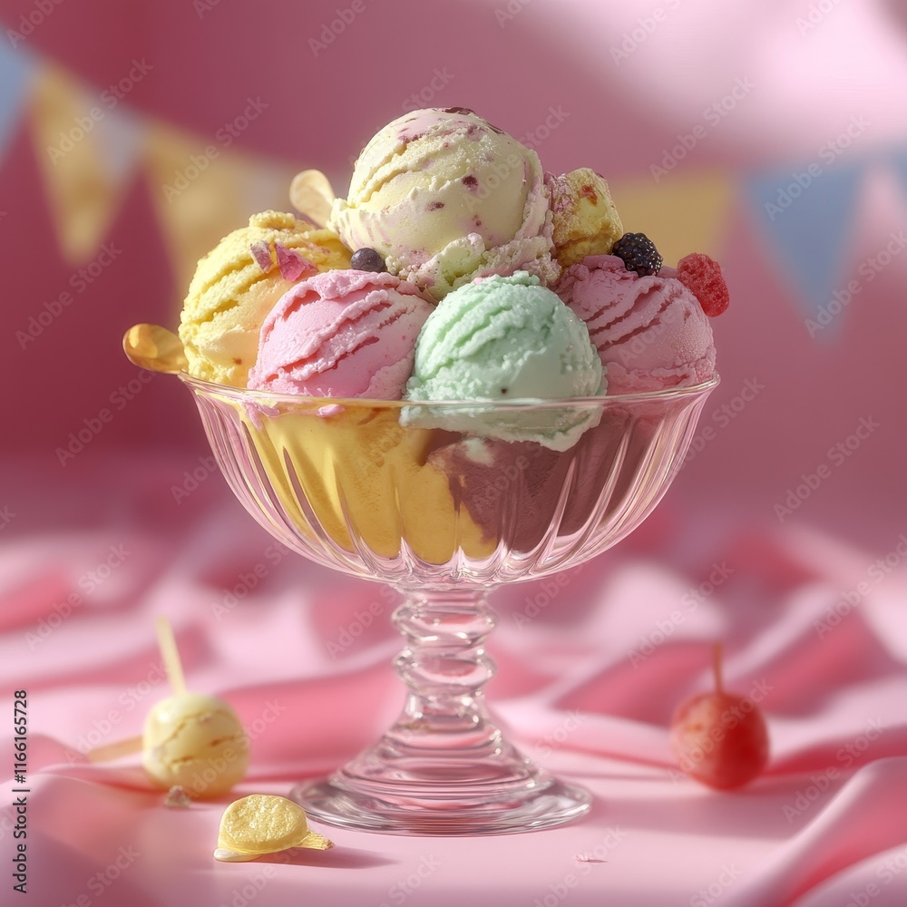 Colorful Ice Cream Sundae in a Glass Bowl Surrounded by a Festive Atmosphere With Decorative Bunting and Candy Props Colorful Ice Cream Sundae in a Glass Bowl Surrounded by a Festive Atmosphere With Decorative Bunting and Candy Props
