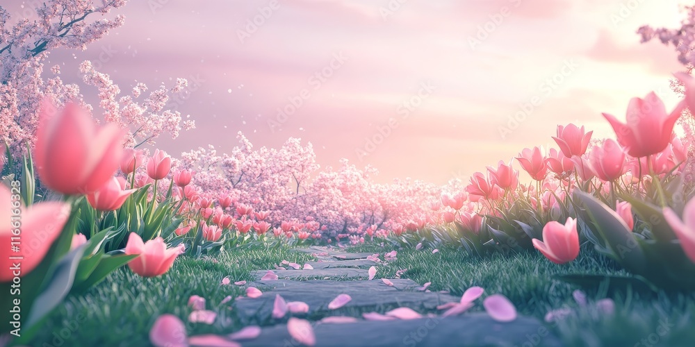 Obraz premium Vibrant Pathway Through Blooming Tulip and Cherry Blossom Fields at Sunset, Capturing the Beauty of Nature in Full Bloom