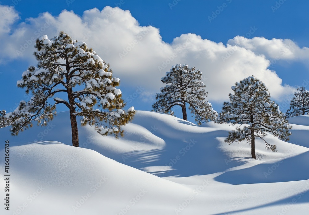 Serene Winter Landscape with Snow-Covered Pine Trees Against a Bright Blue Sky and Fluffy Clouds, Capturing Nature’s Tranquility and Beauty in a Winter Wonderland Serene Winter Landscape with Snow-Covered Pine Trees Against a Bright Blue Sky and Fluffy Clouds, Capturing Nature’s Tranquility and Beauty in a Winter Wonderland