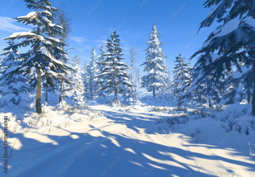Obraz premium Serene Winter Landscape with Snow-Covered Trees and a Clear Blue Sky, Perfect for Capturing the Tranquility of Nature in Crisp Winter Conditions