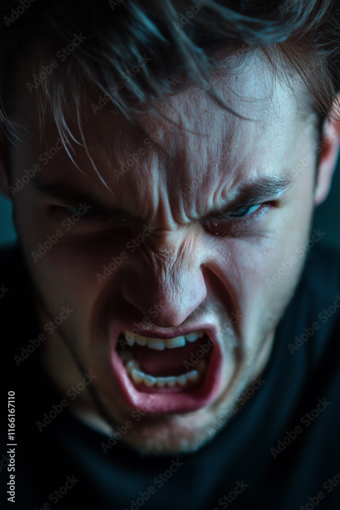 A dramatic portrait of a man in full shout, showcasing raw emotions of anger and frustration vividly. A dramatic portrait of a man in full shout, showcasing raw emotions of anger and frustration vividly.