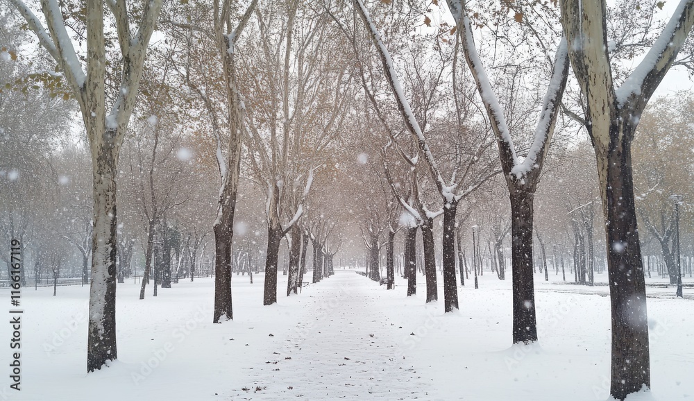 Serene Winter Landscape with Snow-Covered Trees Lining a Quiet Path, Creating a Tranquil Atmosphere of Peaceful Nature in a Snowy Park Scene Serene Winter Landscape with Snow-Covered Trees Lining a Quiet Path, Creating a Tranquil Atmosphere of Peaceful Nature in a Snowy Park Scene