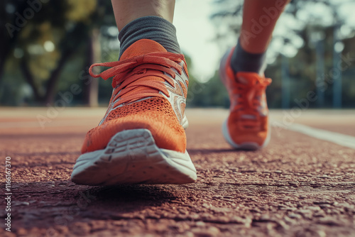 A close-up of orange running shoes captured in motion while jogging.