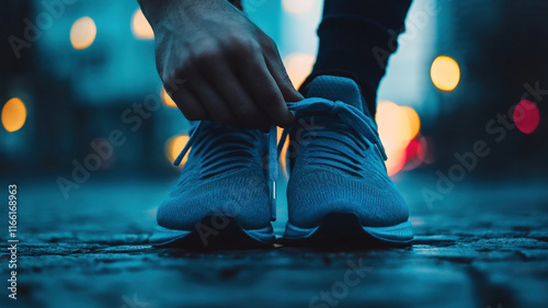 Person Tying Black Leather Shoes Laces Morning Routine with Teal Color Atmosphere