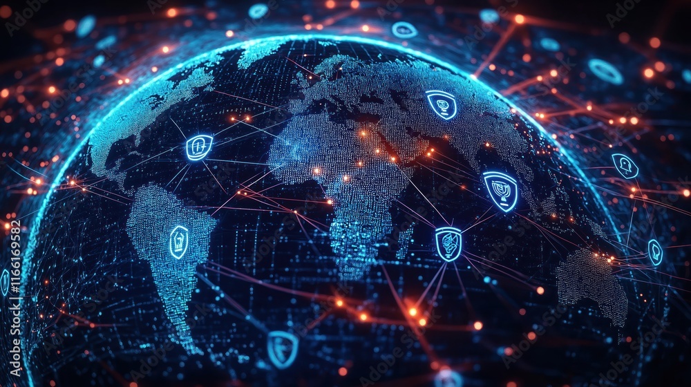 Obraz premium Global network visualization showing global cyber security connections. Digital globe displays worldwide tech connections with security icons. Dynamic illustration represents digital age security,
