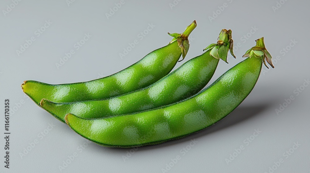Three fresh green snow peas with unique heart patterns on a gray background. Three fresh green snow peas with unique heart patterns on a gray background.