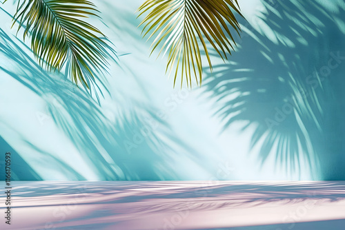 stock photo features a minimalist, generative concept with palm leaves casting shadows on a blue wall and pastel floor, creating a summer tropical beach background in an empty room ideal for product p photo