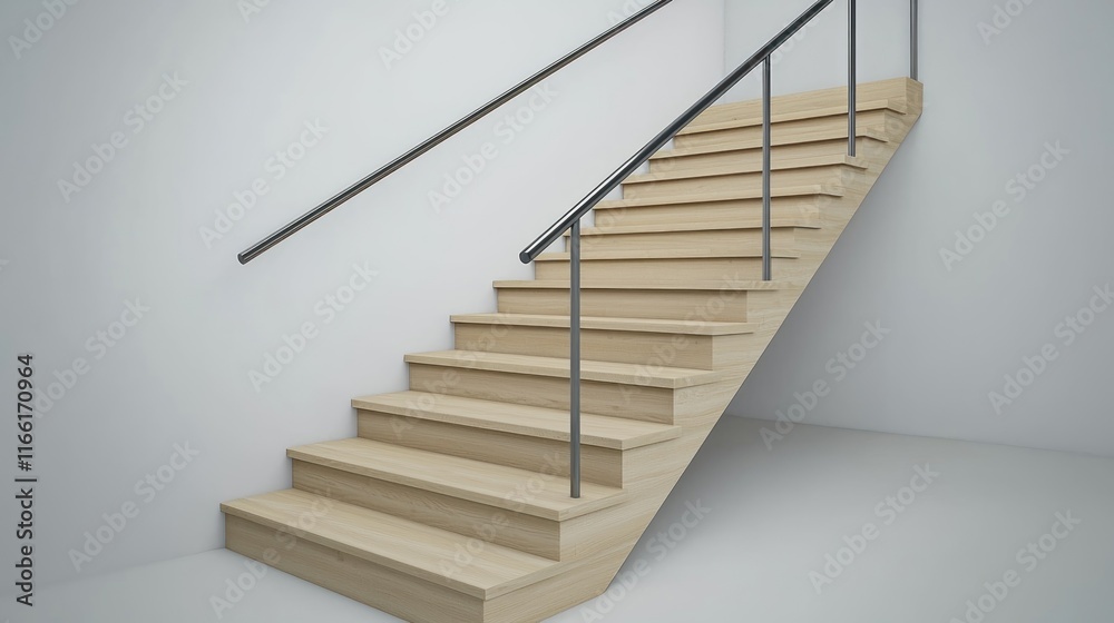 Modern wooden staircase with metal railing in a minimalist setting. Modern wooden staircase with metal railing in a minimalist setting.