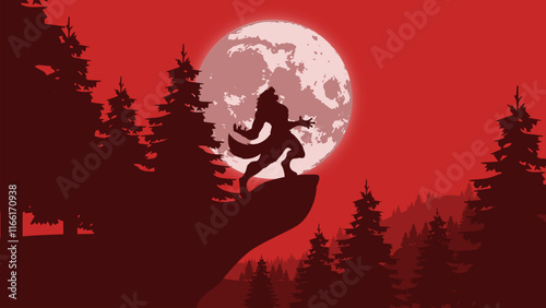 Landscape view of the werewolf with full moon: background, silhouette, landscape view
