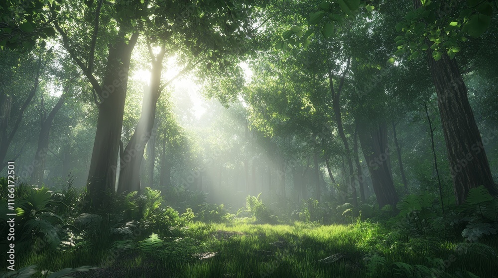 Obraz premium Sunlight Filters Through Dense Trees in a Tranquil Forest Filled With Lush Greenery and Soft Grasses During a Peaceful Morning