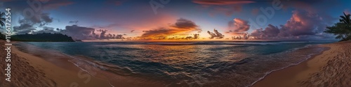 Stunning Sunset Over the Tranquil Ocean With Vibrant Clouds Reflecting Warm Hues at a Serene Beach Landscape