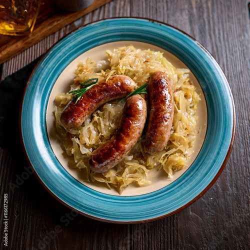 Classic Nurnberger Sausages with Tangy Sauerkraut and Mustard photo