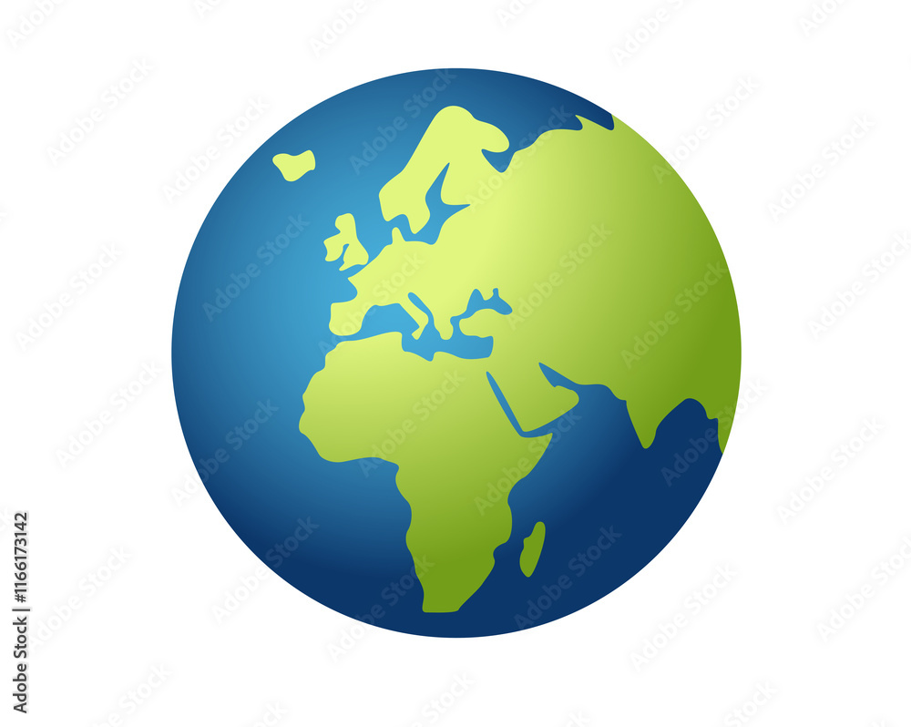 Globe showing Europe and Africa in green against blue ocean icon Globe showing Europe and Africa in green against blue ocean icon