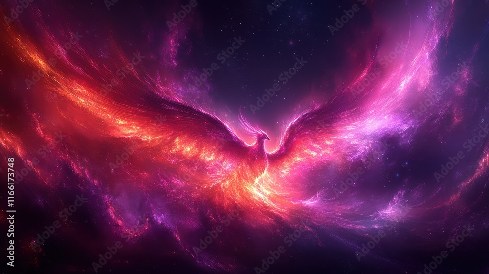 Obraz premium Fiery phoenix rising from cosmic nebula, vibrant red and purple hues.