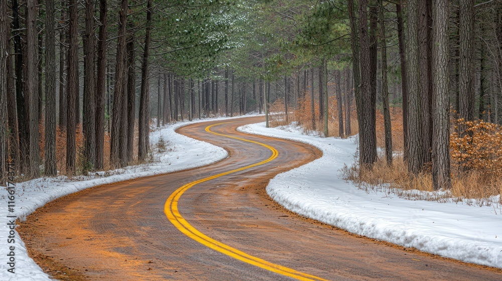 Fototapeta premium Winding road through snowy winter forest.