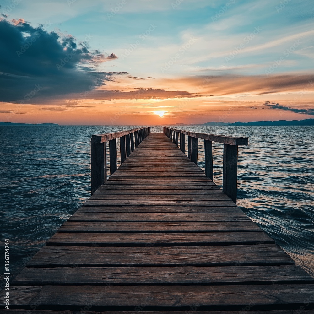 A beautiful wooden pier extends into serene waters, perfectly capturing a picturesque sunset view. A beautiful wooden pier extends into serene waters, perfectly capturing a picturesque sunset view.