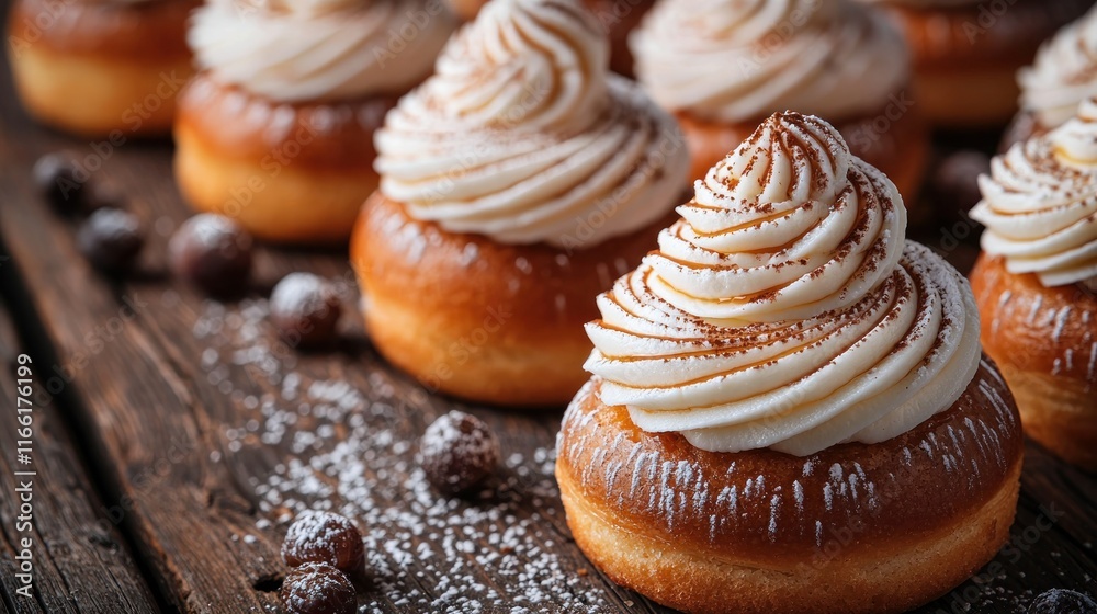Zeppole donuts with cream and cocoa powder on rustic wood. Zeppole donuts with cream and cocoa powder on rustic wood.