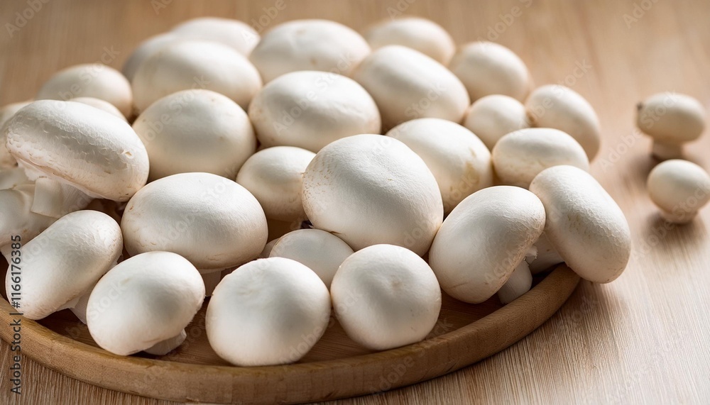 white mushrooms on wooden background