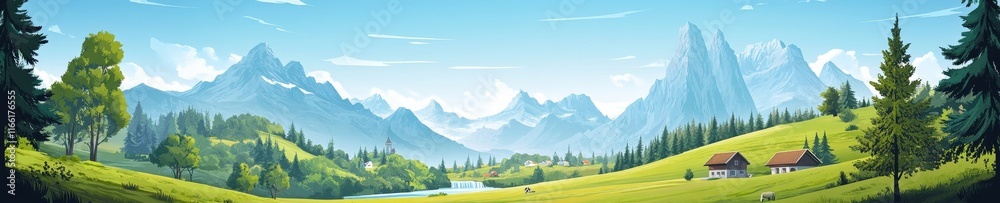 Fototapeta premium Majestic Mountains and Serene Valleys Under a Clear Sky With Rustic Houses in a Picturesque Landscape Setting