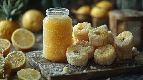 Freshly made lemon preserves on a rustic wooden board photo