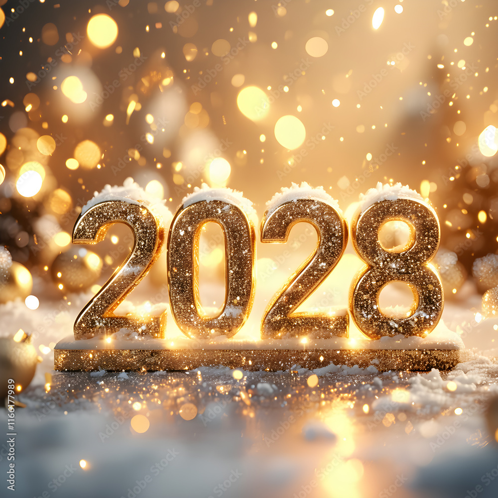 Sparkling 2028 Celebration with Snow and Glittering Lights for New Year Festivities Sparkling 2028 Celebration with Snow and Glittering Lights for New Year Festivities