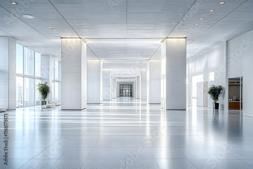 stock photo features a minimalist, spacious white concrete interior, providing a blank canvas for various design and decor possibilities photo