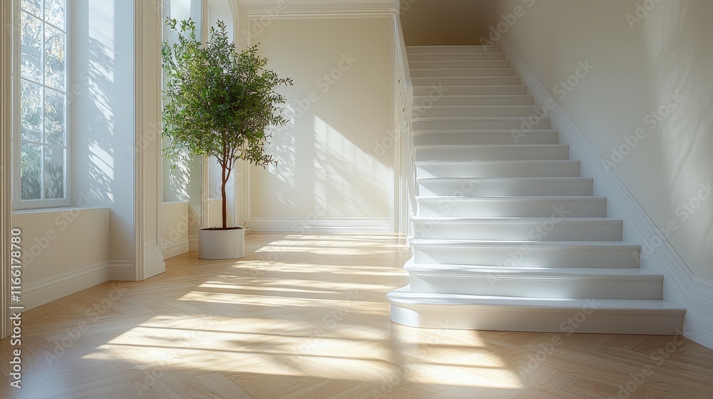 Obraz premium Sunlit Hallway with White Staircase
