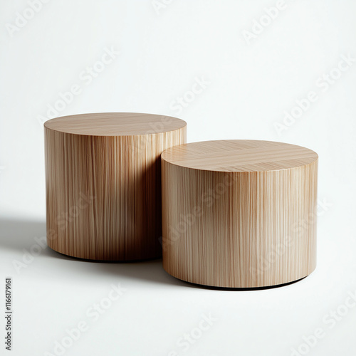 Two empty round wooden pedestals showing light wood grain on white background