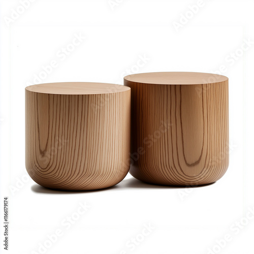 Two modern round wooden coffee tables showing wood grain on white background