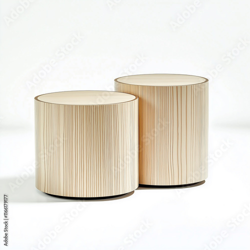 Two modern round wooden coffee tables showing vertical wood grain