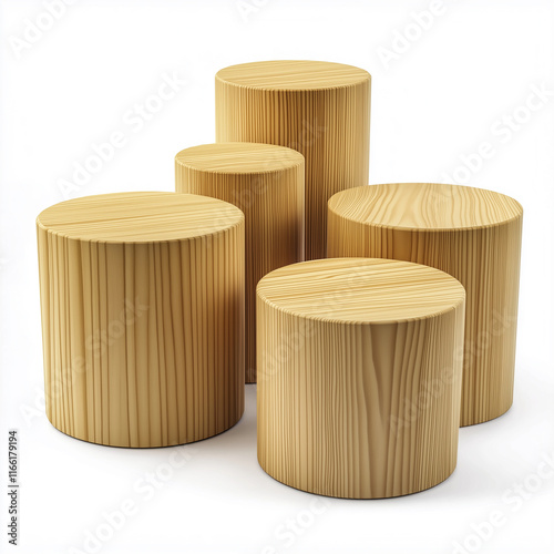 Five empty round wooden pedestals showing growth and progress