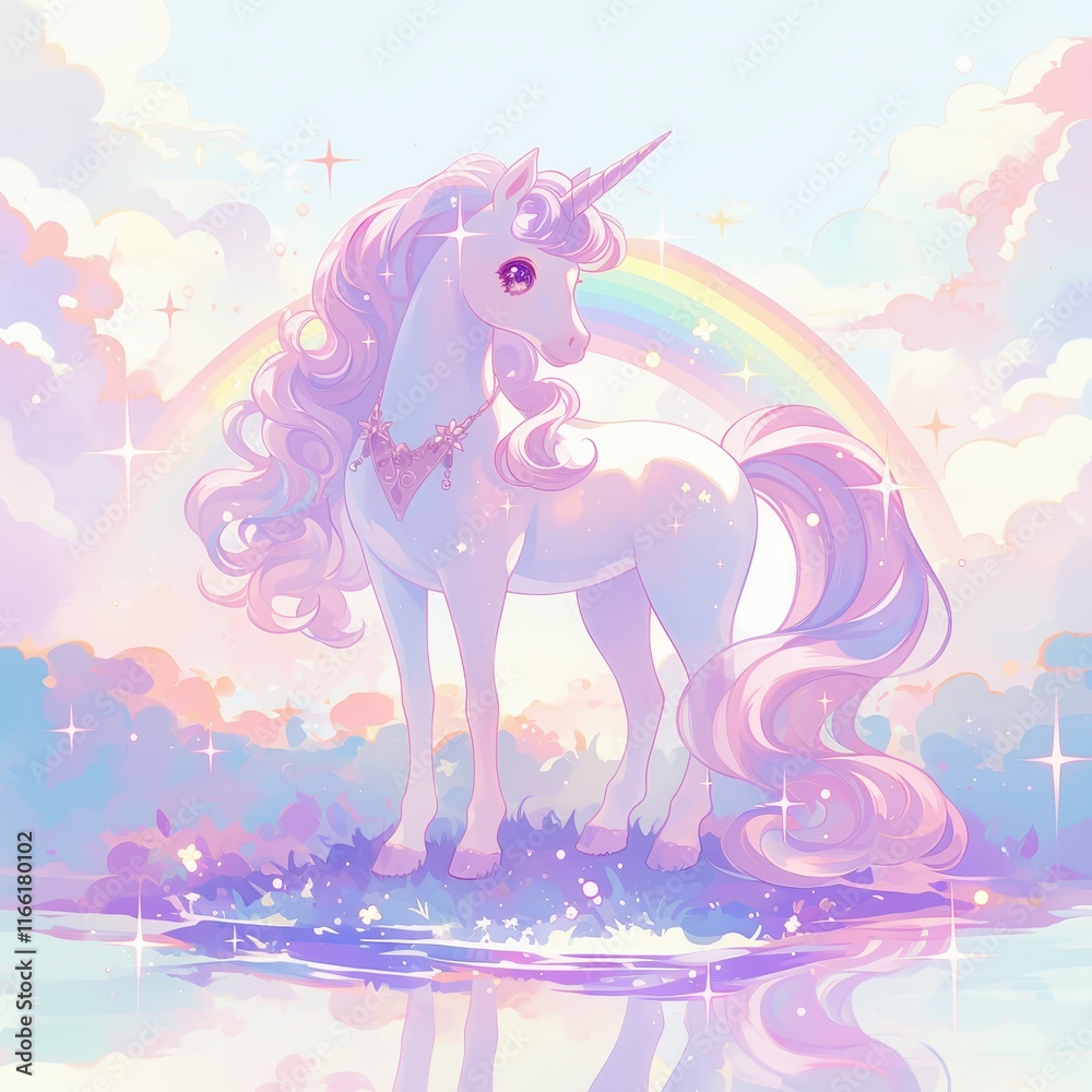 Naklejka premium A magical unicorn stands by a sparkling lake under a rainbow and clouds.