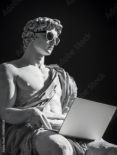 Classic statue wearing sunglasses while using a laptop in a modern context