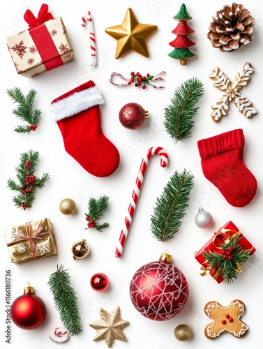 Festive Holiday Decorations and Gifts Arranged on a White Background Create a Cheerful Christmas Atmosphere Perfect for Celebrations and Gatherings photo