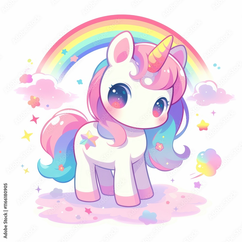 Fototapeta premium A cute, colorful unicorn with a rainbow and clouds in a whimsical style.