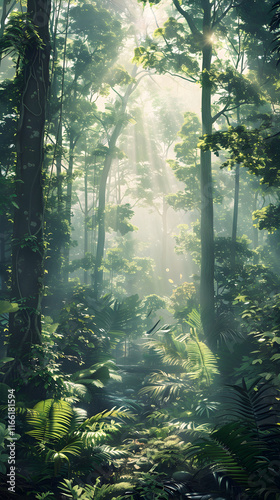 Silent Majesty: Morning Light in an Enchanted Forest with Towering Trees and Lush Green Canopies photo