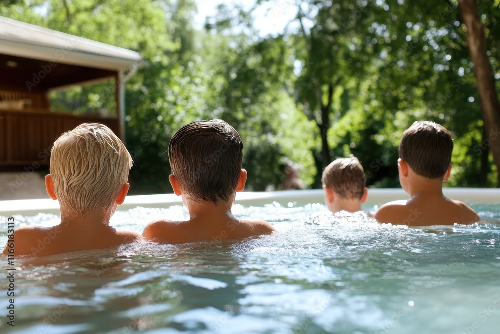 Friends enjoying a sunny afternoon in a refreshing swimming pool surrounded by lush greenery Friends enjoying a sunny afternoon in a refreshing swimming pool surrounded by lush greenery
