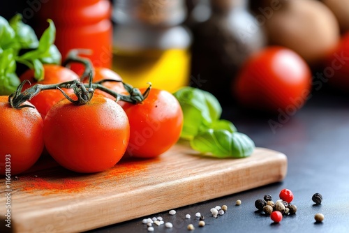 Fresh ripe tomatoes and vibrant herbs sit ready for culinary inspiration in a cozy kitchen setting photo