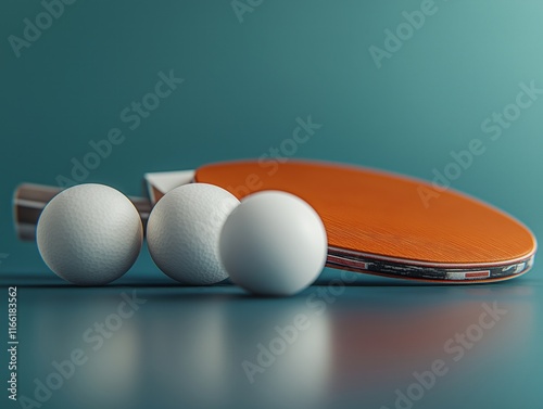 Table tennis equipment. Ping pong balls, paddle. Sport still life. Minimalist style. Modern design. Studio shot. Blue background. Dynamic composition. High quality digital artwork. Leisure activity.