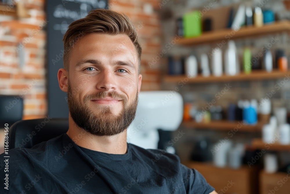 Charming man with a beard smiles confidently in a stylish barbershop, embracing modern grooming trends and enjoying the atmosphere Charming man with a beard smiles confidently in a stylish barbershop, embracing modern grooming trends and enjoying the atmosphere