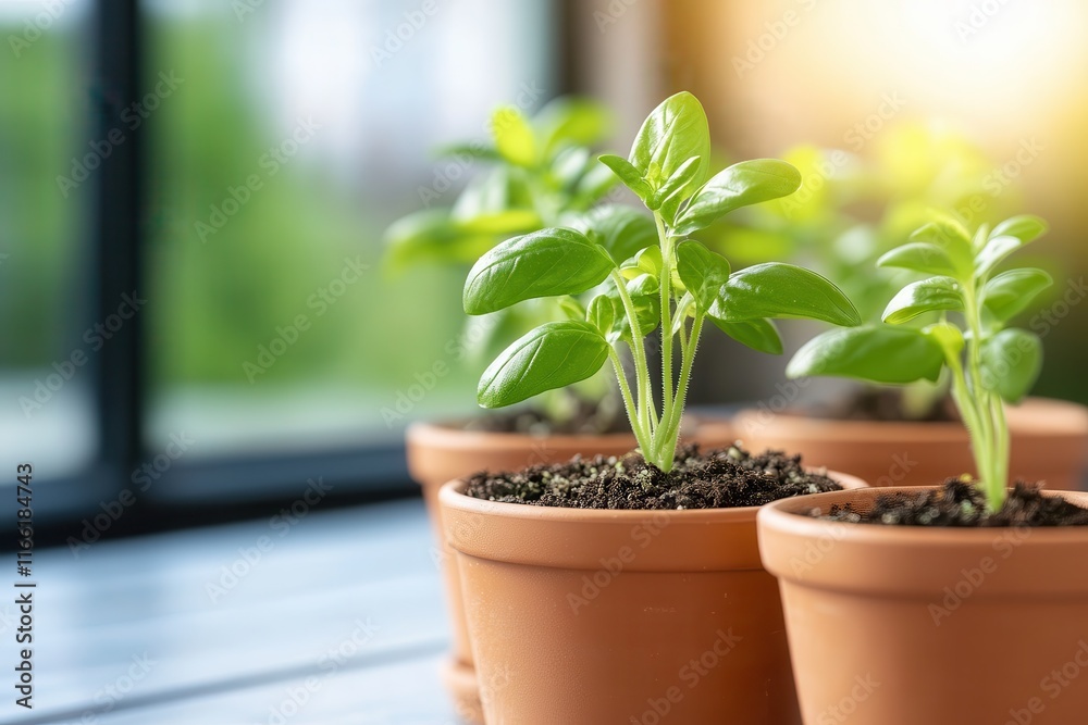 Fresh basil seedlings thrive in terracotta pots bathed in warm sunlight by a window Fresh basil seedlings thrive in terracotta pots bathed in warm sunlight by a window