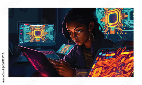 Focused Black Woman Programmer in a Futuristic Digital Workspace photo